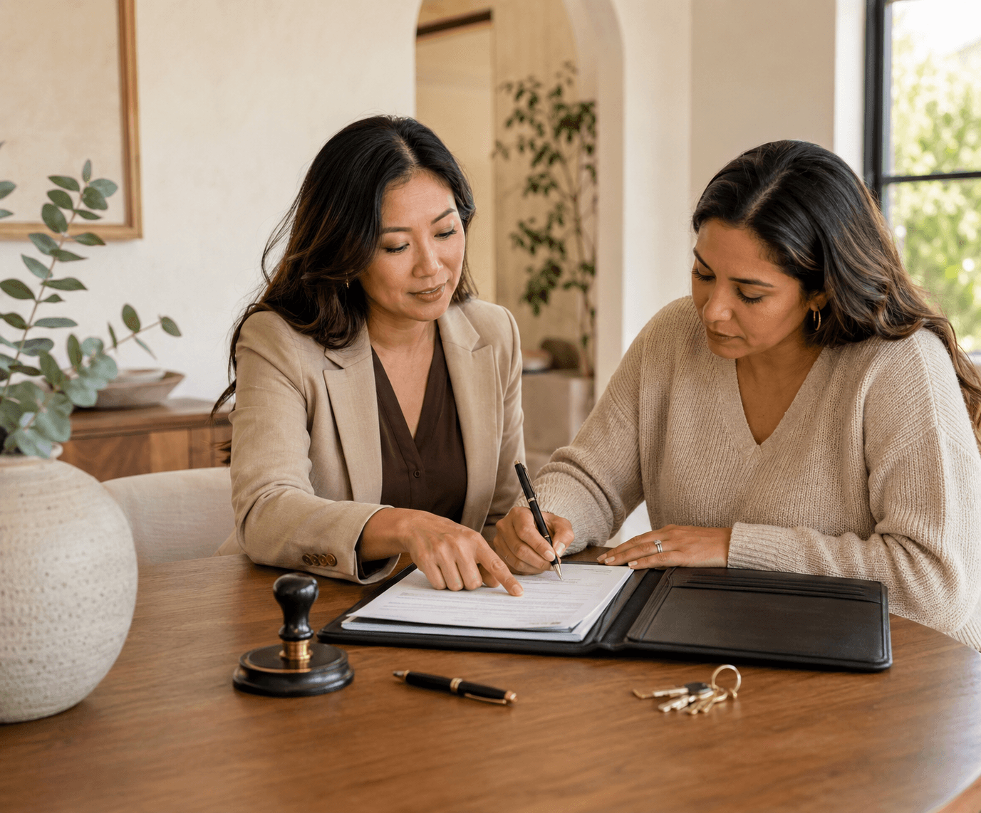 A notary and client signing documents at a table, with a notary stamp nearby