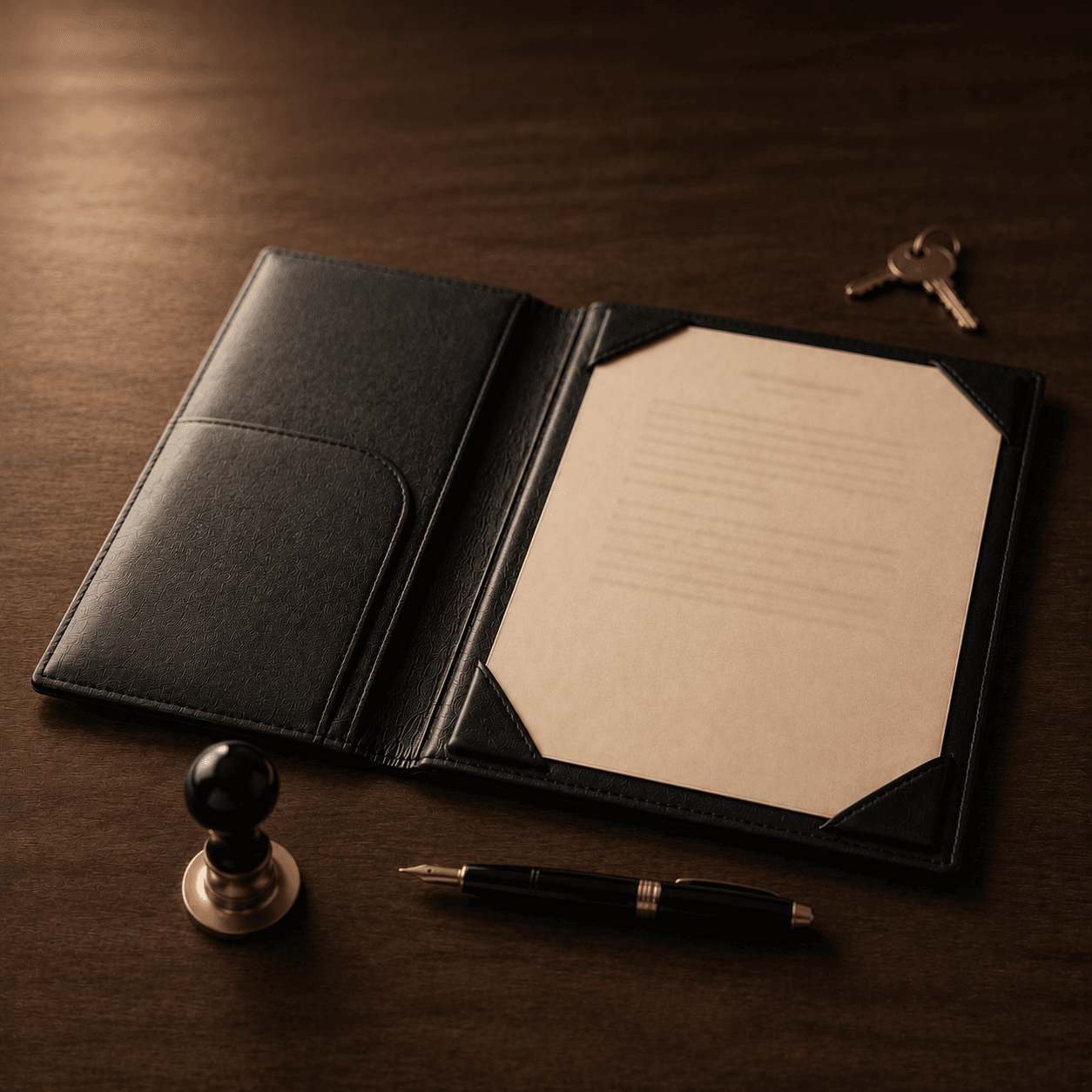 An open leather document portfolio on a desk with a notary stamp, fountain pen and keys