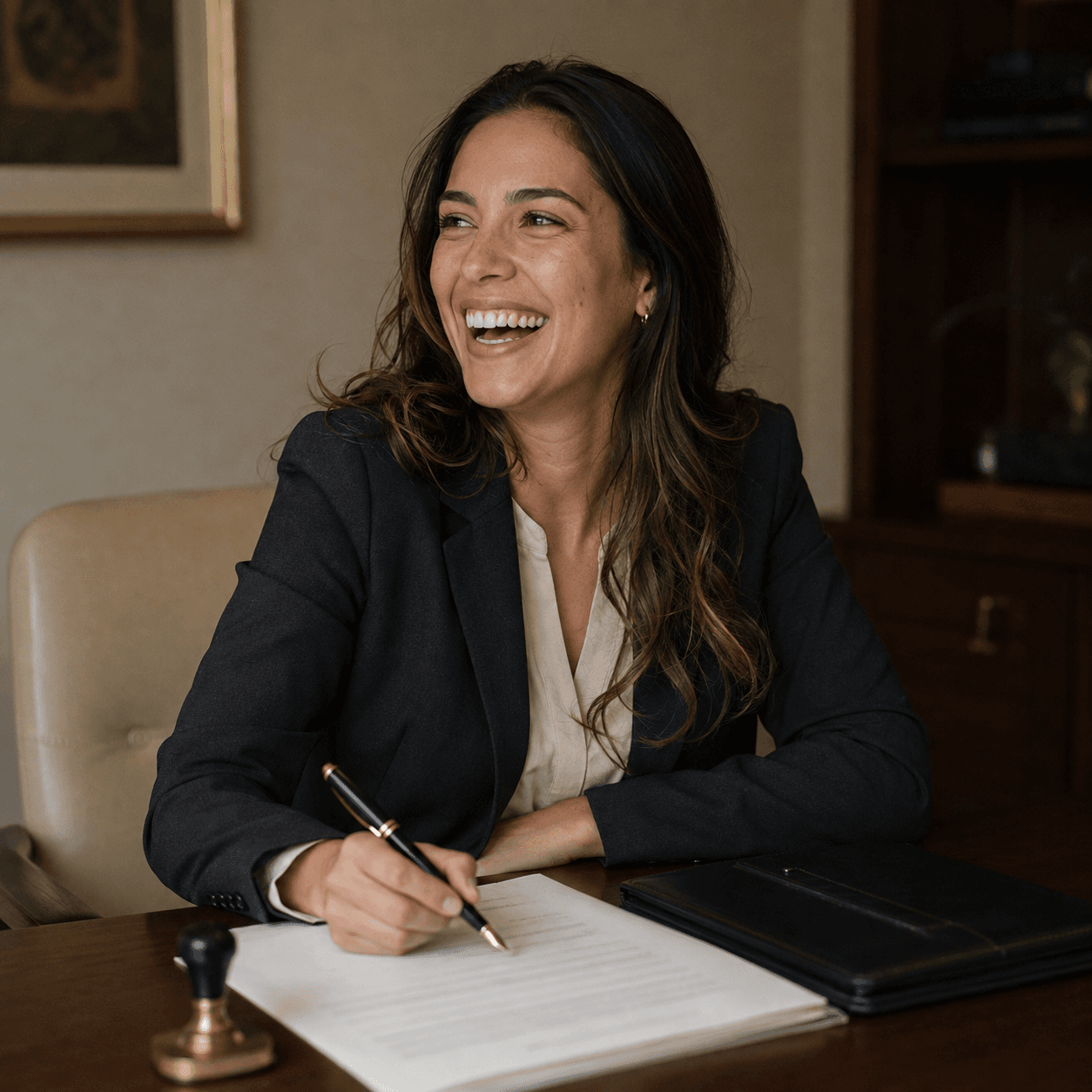 A mobile signing agent at a desk, pen in hand over a document, with a notary stamp beside her